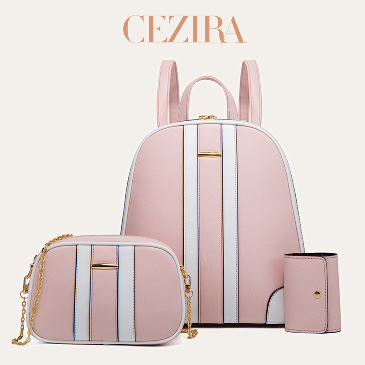 Women'S Fashion Backpack - Set Ransel Patchwork Garis-garis CR Fashion