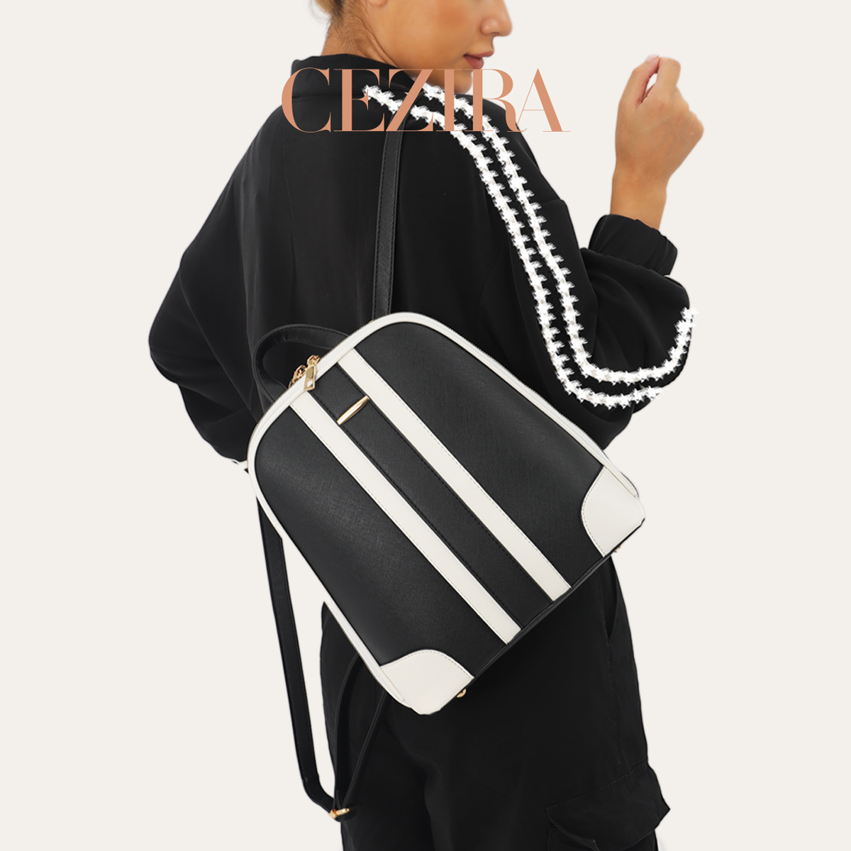 Set Ransel Patchwork Garis-gar - Women'S Fashion Backpack ulasan dan harga